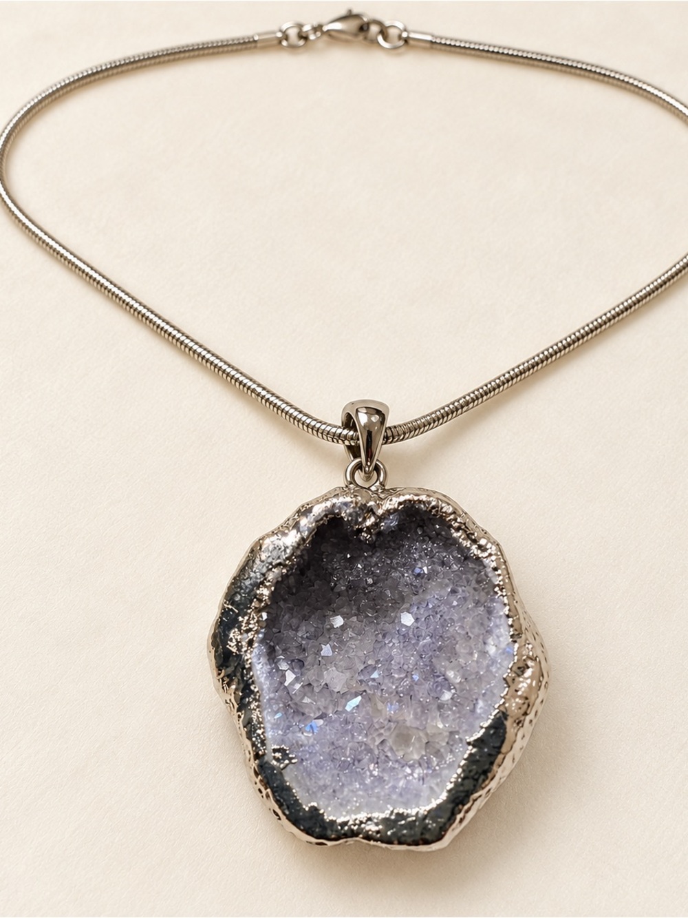 Natural Stone Geode Pendant Necklace | 19” Silver Plated Chain- New
